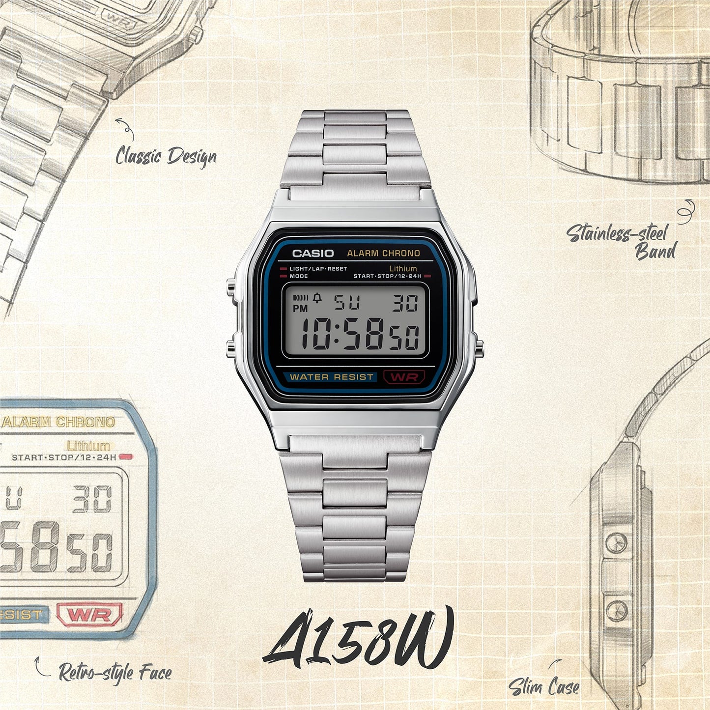 Casio A158WA-1 | Casio Vintage Watch in Silver Metal | Casio